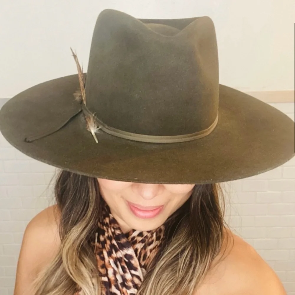 Authentic Custom Stetson Rabbit Felt Fur Green Sage Western Flat Brim Hat - Picture 3 of 11